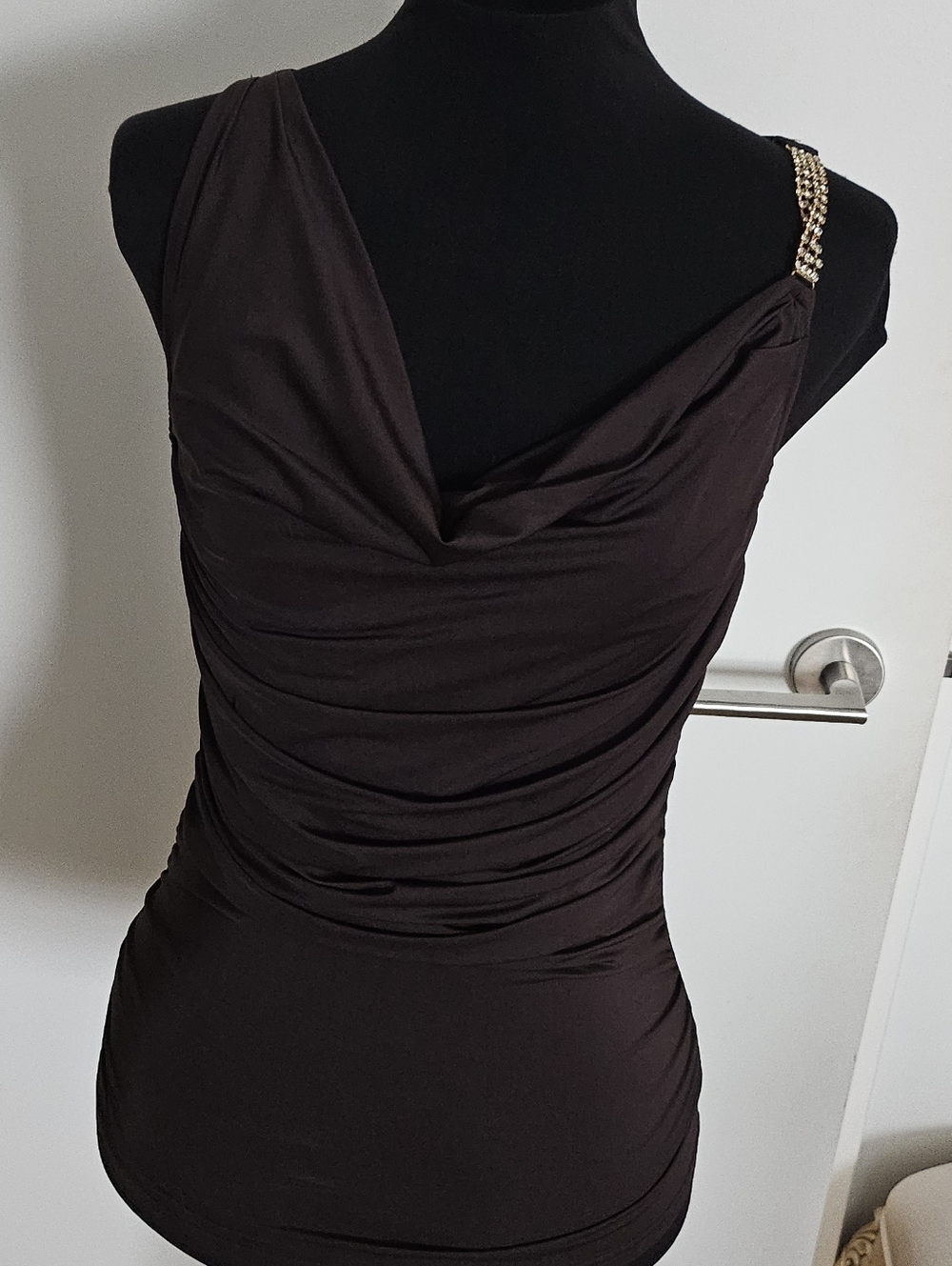 Egoist Gyaru Asymmetric One-Shoulder Brown Ruched Top with Embellished Strap